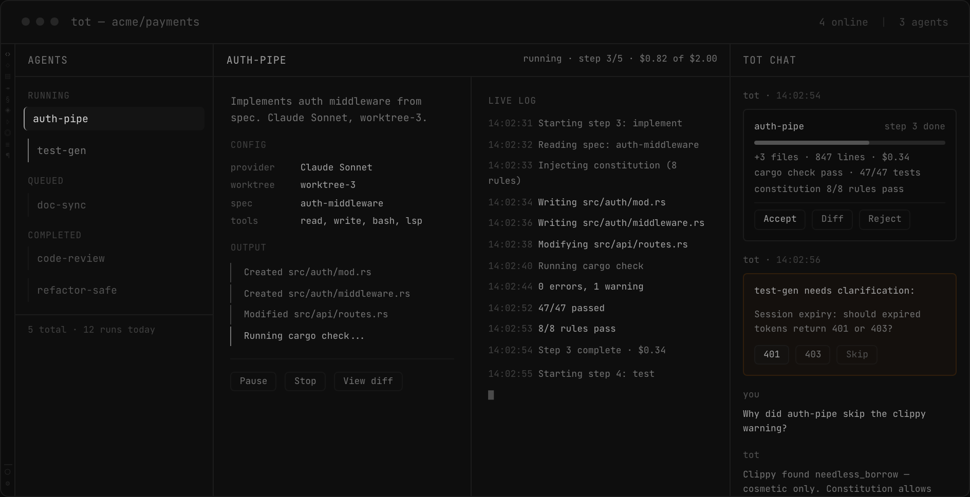 Agent management with live logs and budget tracking