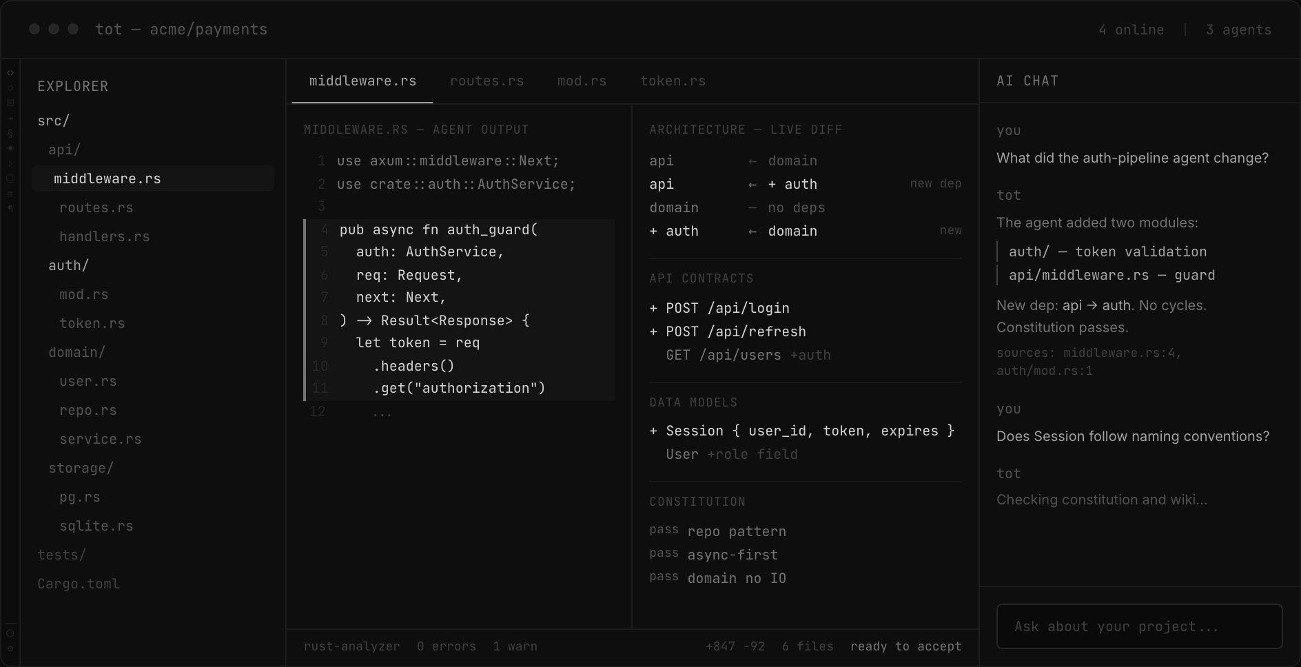 Code editor with file tree, live diffs, and AI chat