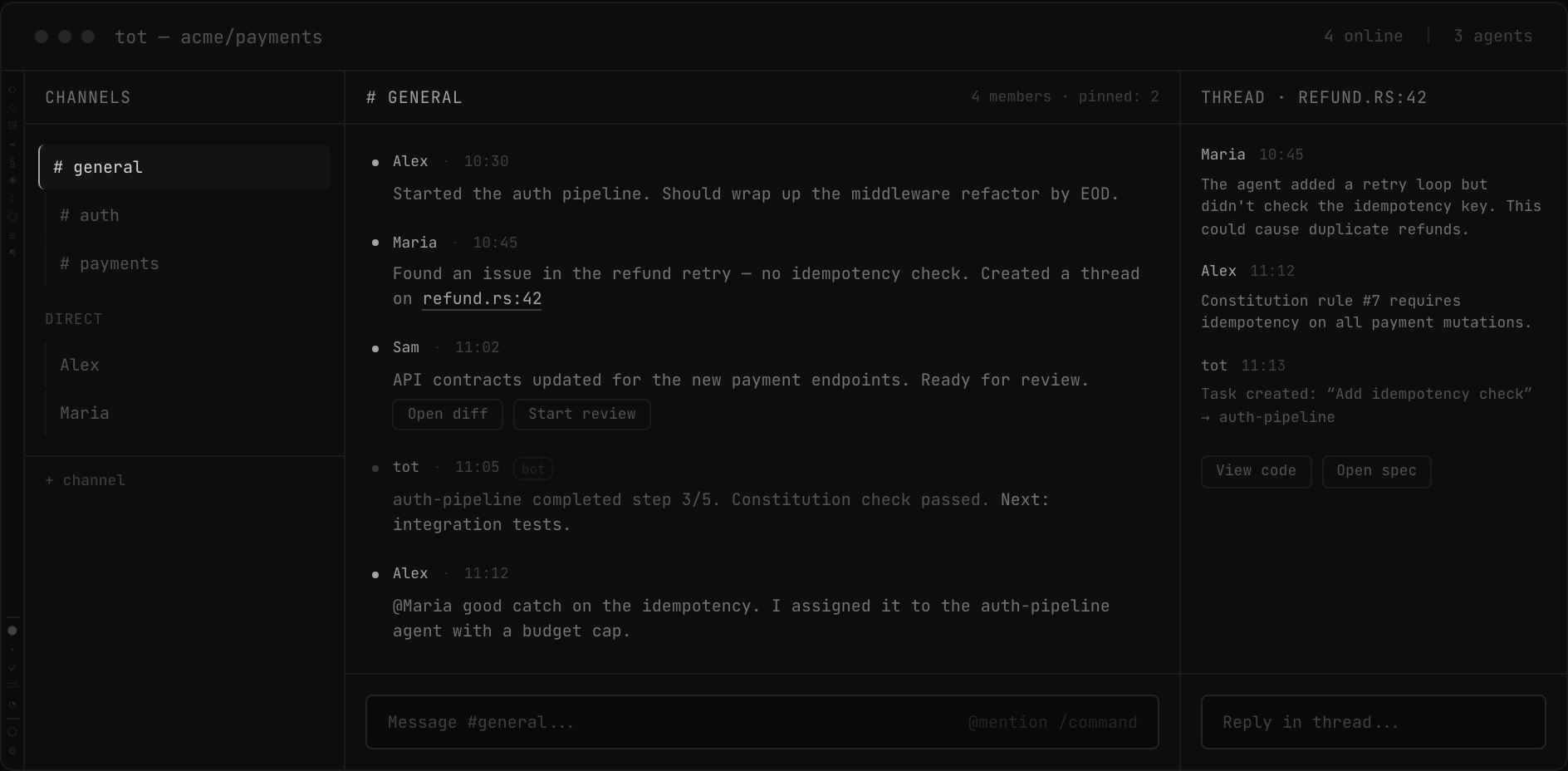 Channels, messages, and code threads