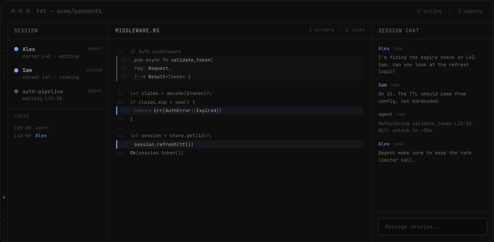 Live cursors, region locks, session chat